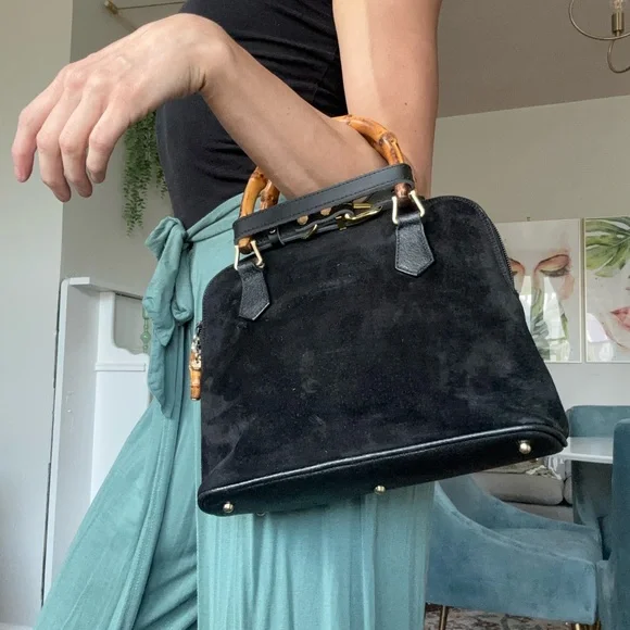PC: Gucci EUC+++ Black Suede & Leather 2 Way Bamboo Satchel Bag - Picture 10 of 17